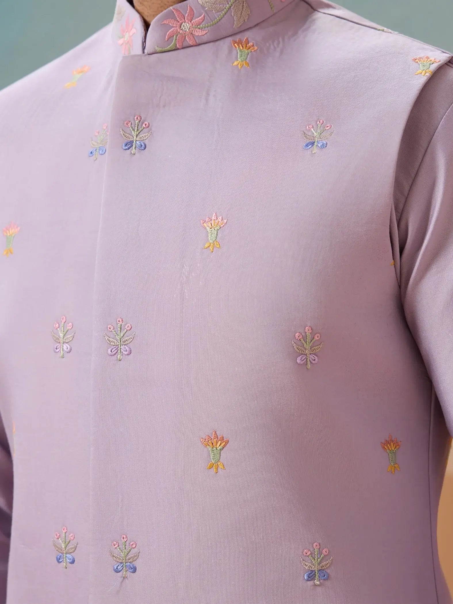 Great Lavender Sequins Work Viscose Silk Designer Men Kurta Set With Jacket