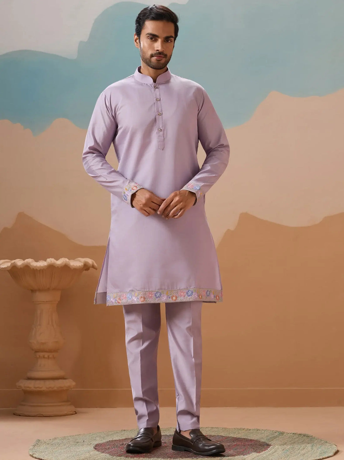 Great Lavender Sequins Work Viscose Silk Designer Men Kurta Set With Jacket