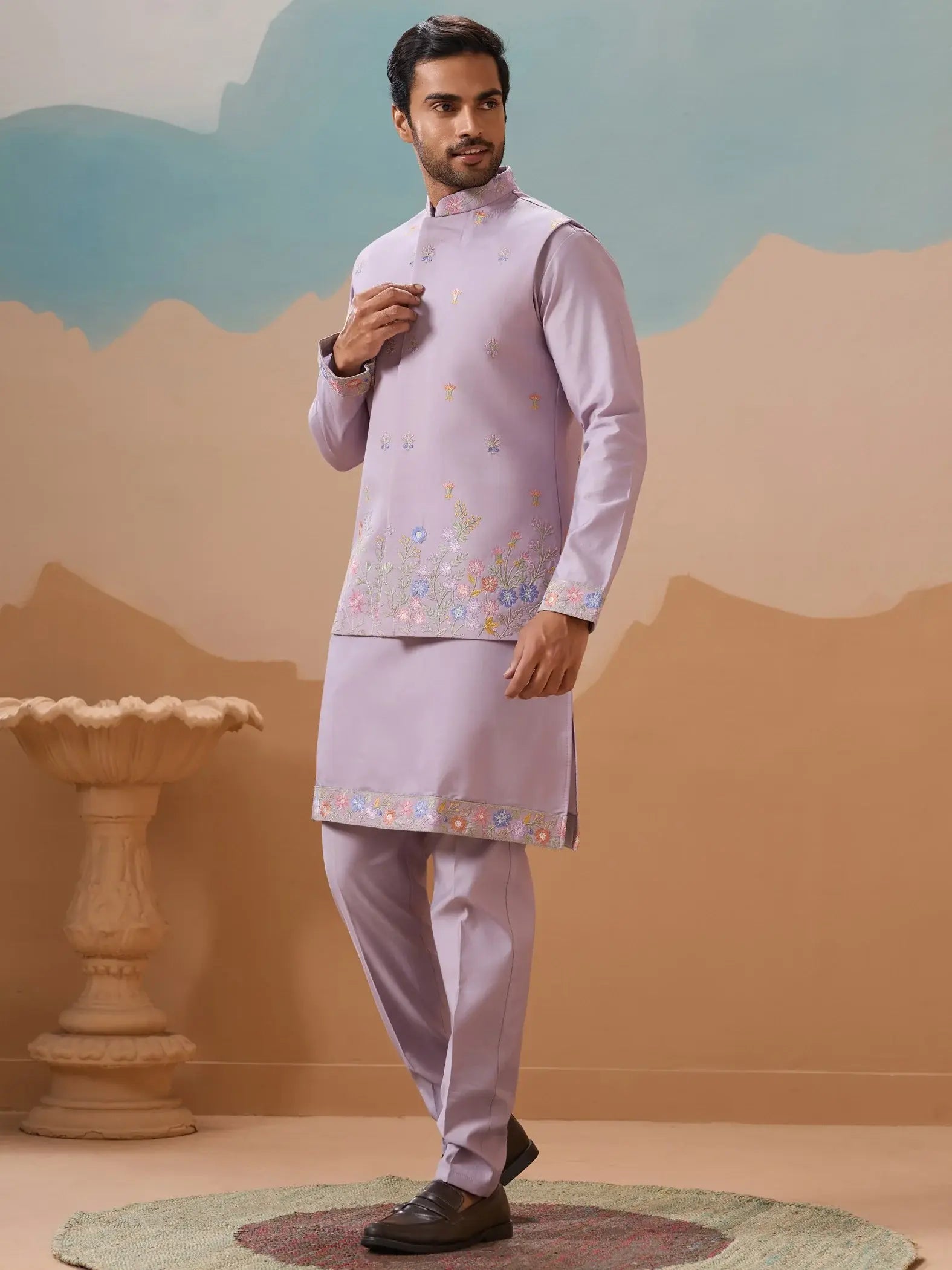 Great Lavender Sequins Work Viscose Silk Designer Men Kurta Set With Jacket