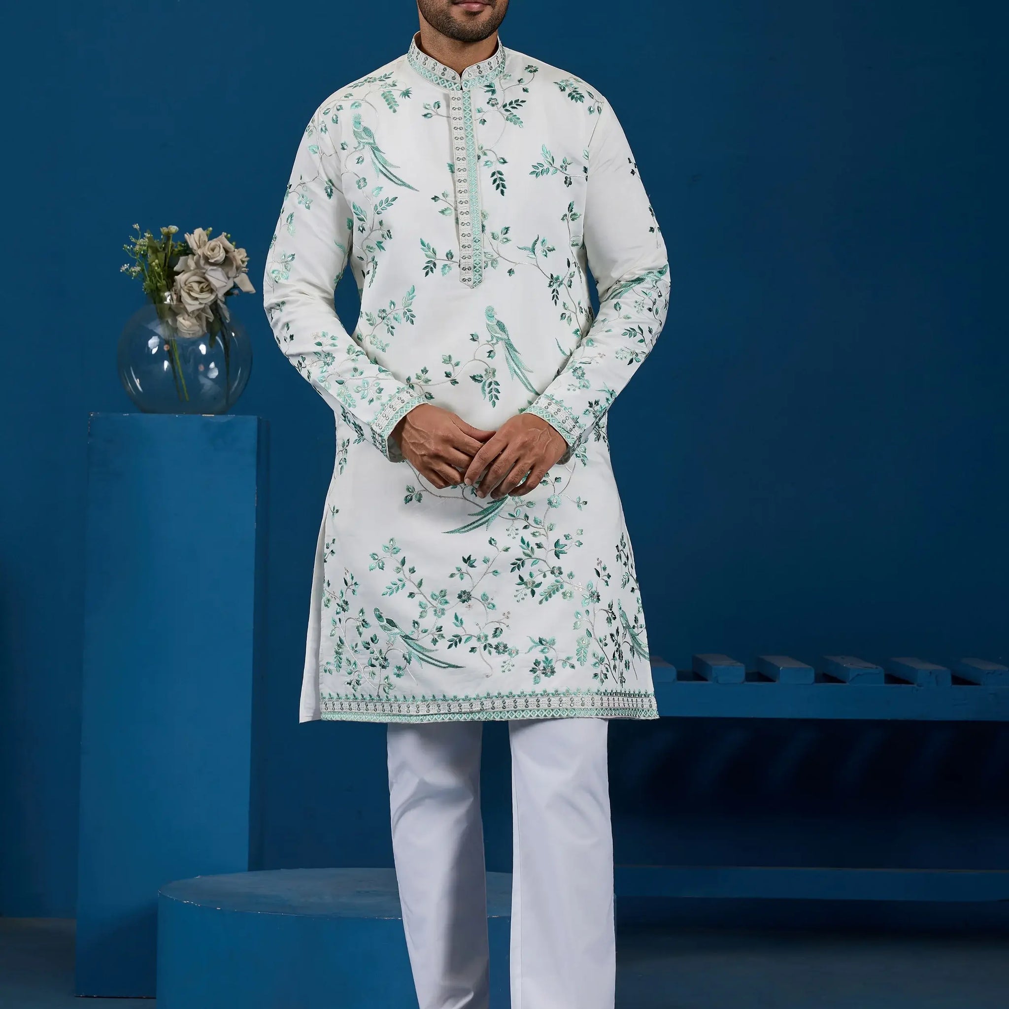 Awesome White Multi Thread Work Silk Men Kurta With Pant Suit