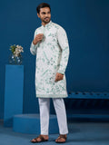 Awesome White Multi Thread Work Silk Men Kurta With Pant Suit