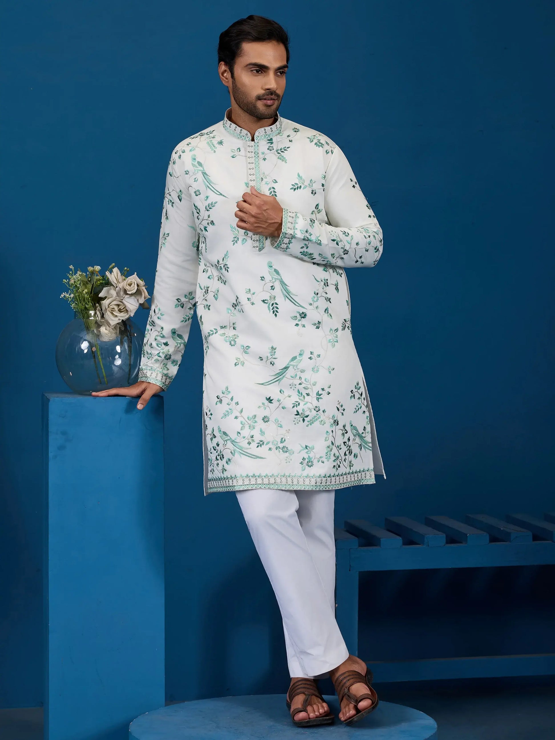 Awesome White Multi Thread Work Silk Men Kurta With Pant Suit
