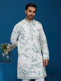 Awesome White Multi Thread Work Silk Men Kurta With Pant Suit