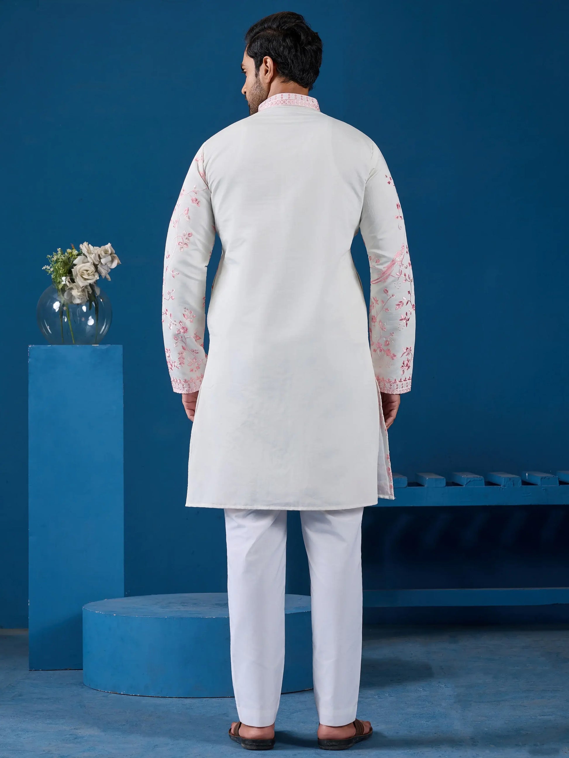 Aesthetic White Embroidered Silk Traditional Men Kurta Set
