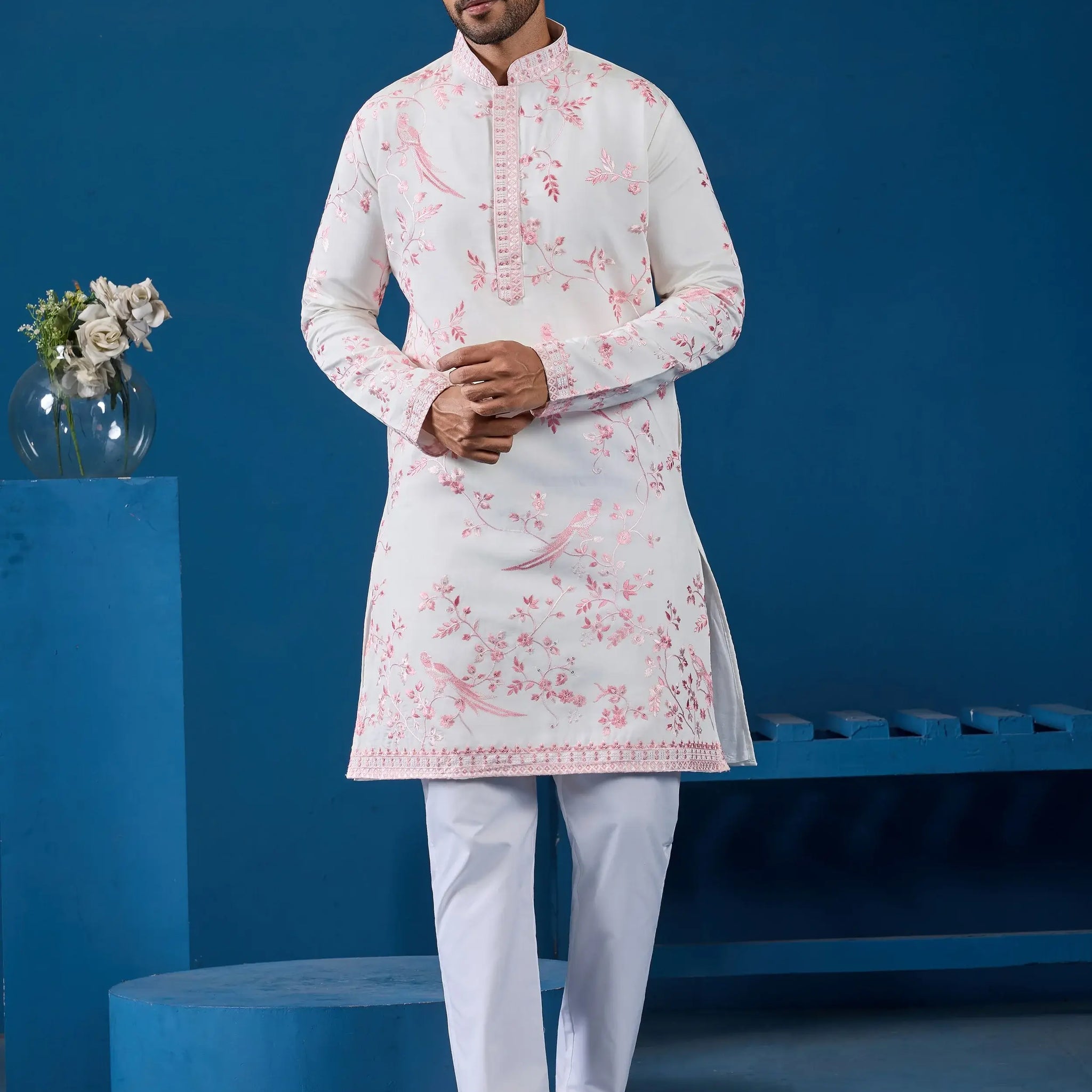 Aesthetic White Embroidered Silk Traditional Men Kurta Set