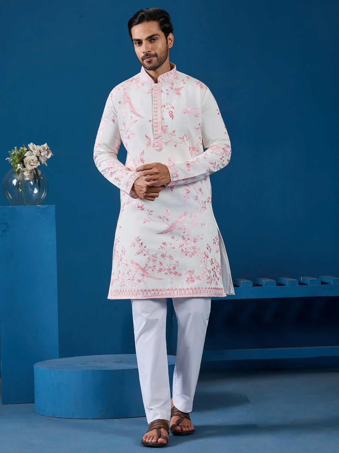 Aesthetic White Embroidered Silk Traditional Men Kurta Set