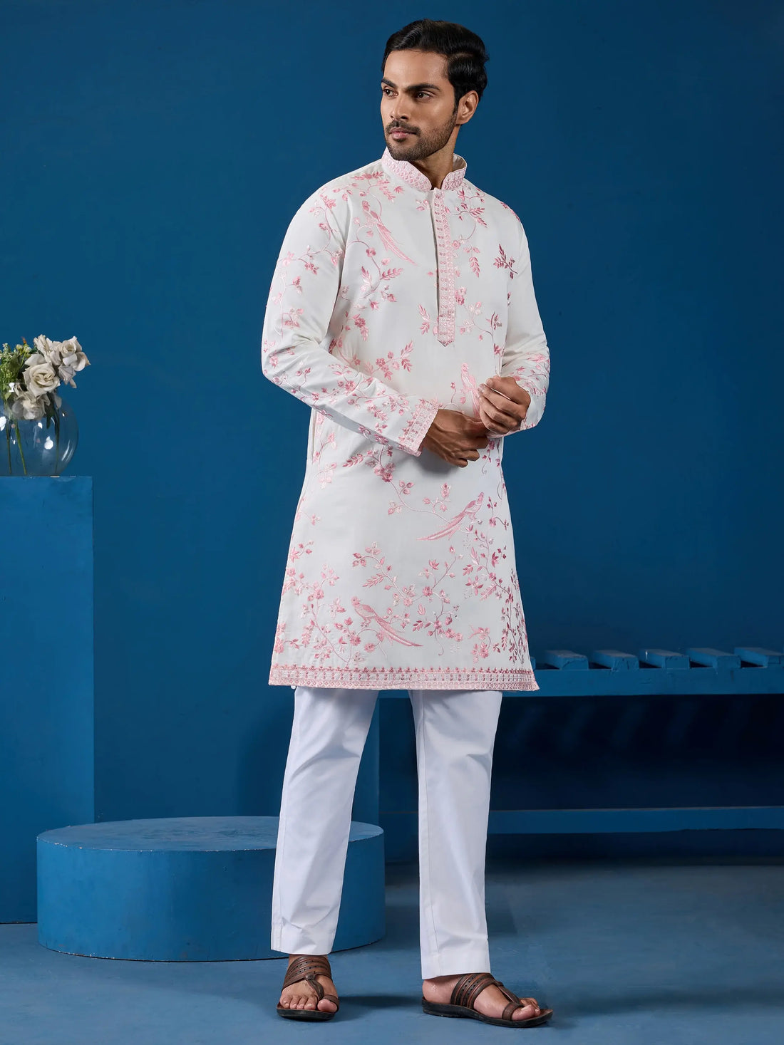 Aesthetic White Embroidered Silk Traditional Men Kurta Set