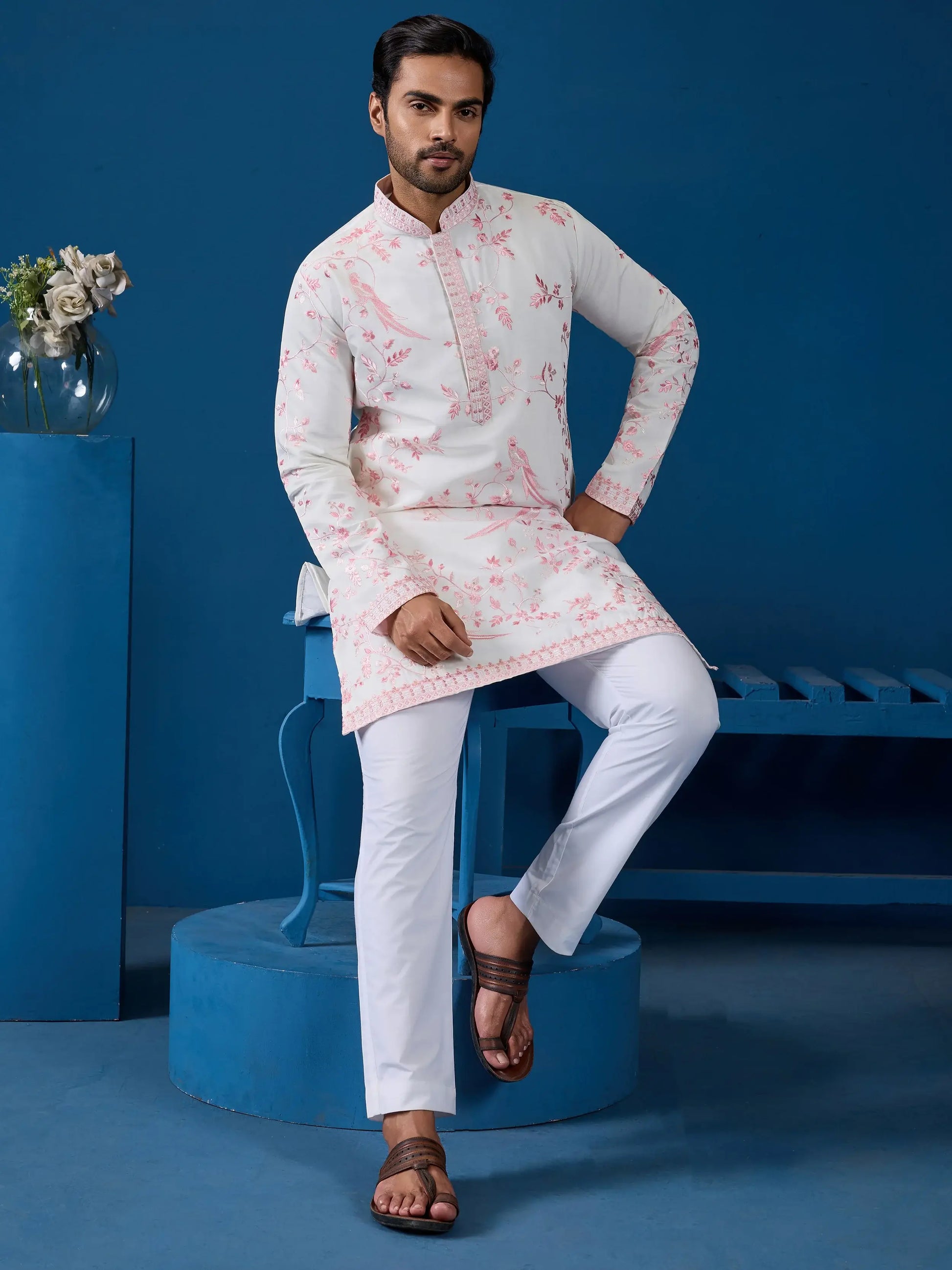 Aesthetic White Embroidered Silk Traditional Men Kurta Set