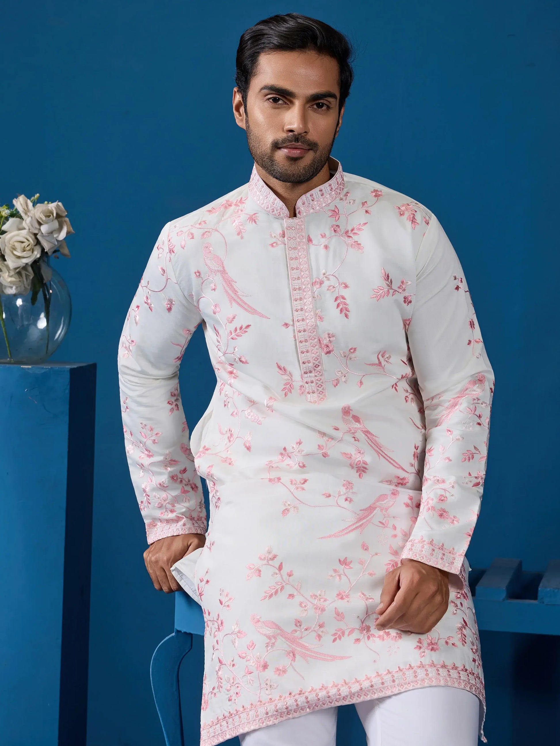 Aesthetic White Embroidered Silk Traditional Men Kurta Set