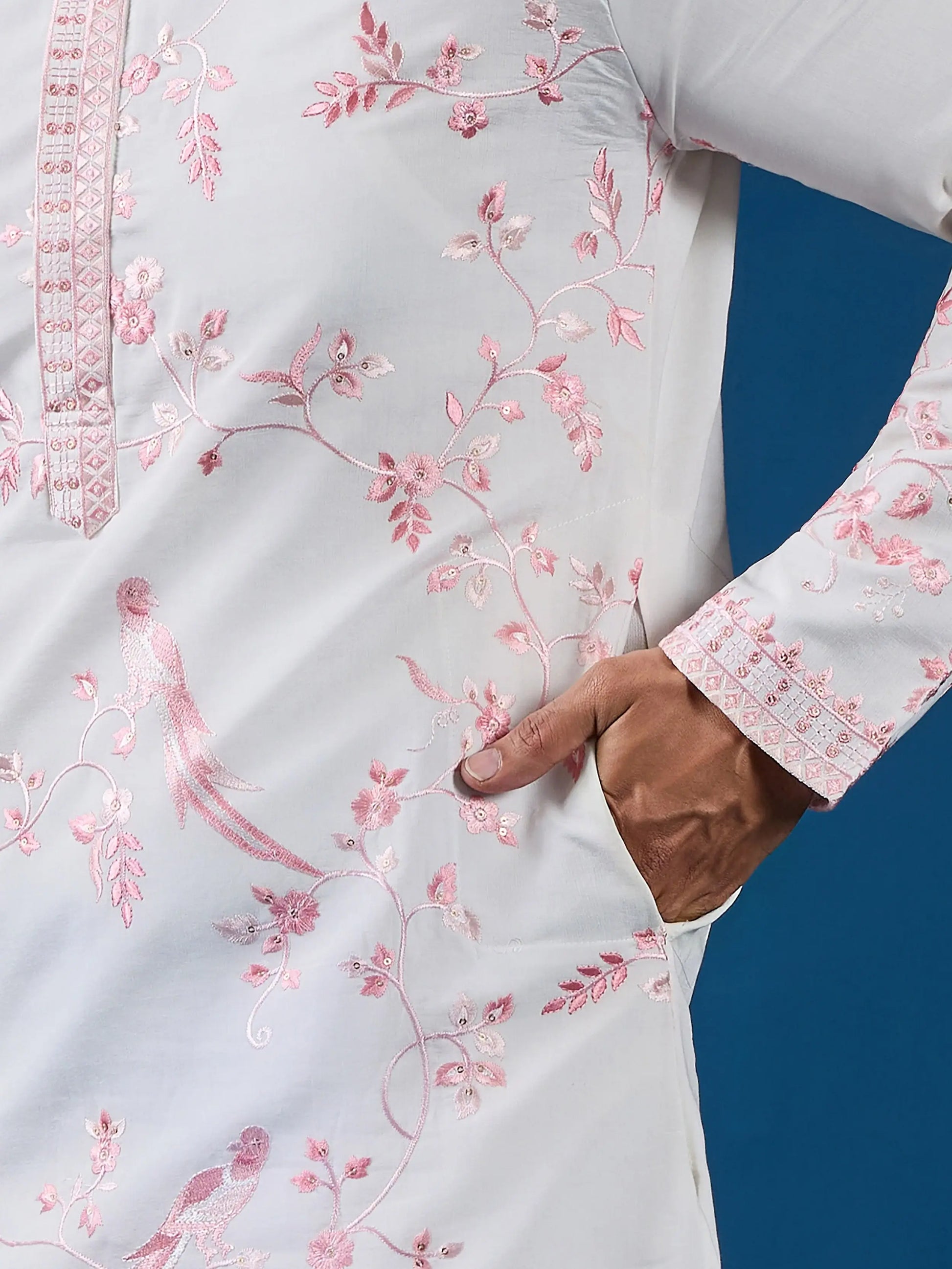 Aesthetic White Embroidered Silk Traditional Men Kurta Set