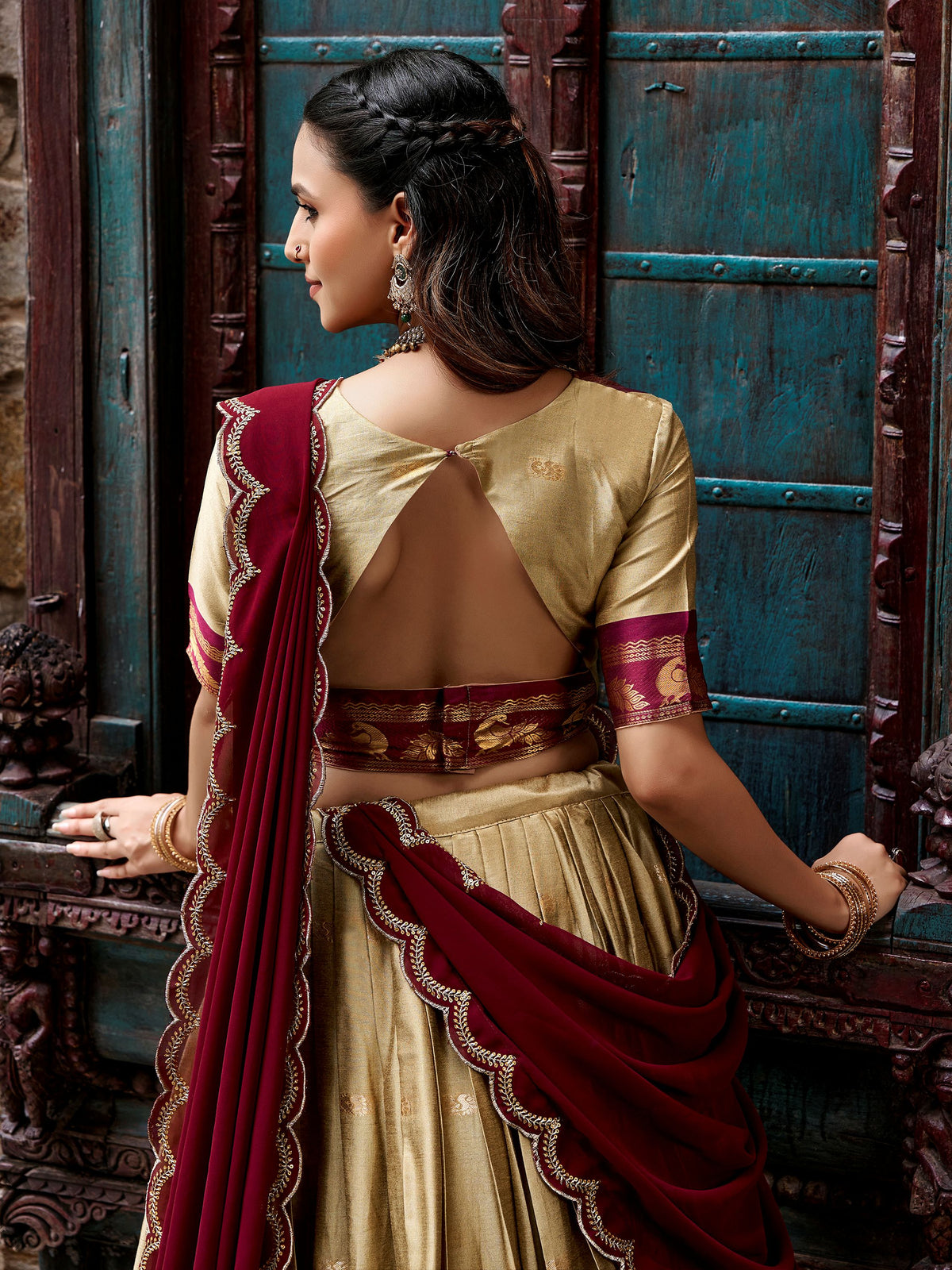Dazzling Golden Zari Woven Silk Festival Wear Half Saree Lehenga Choli