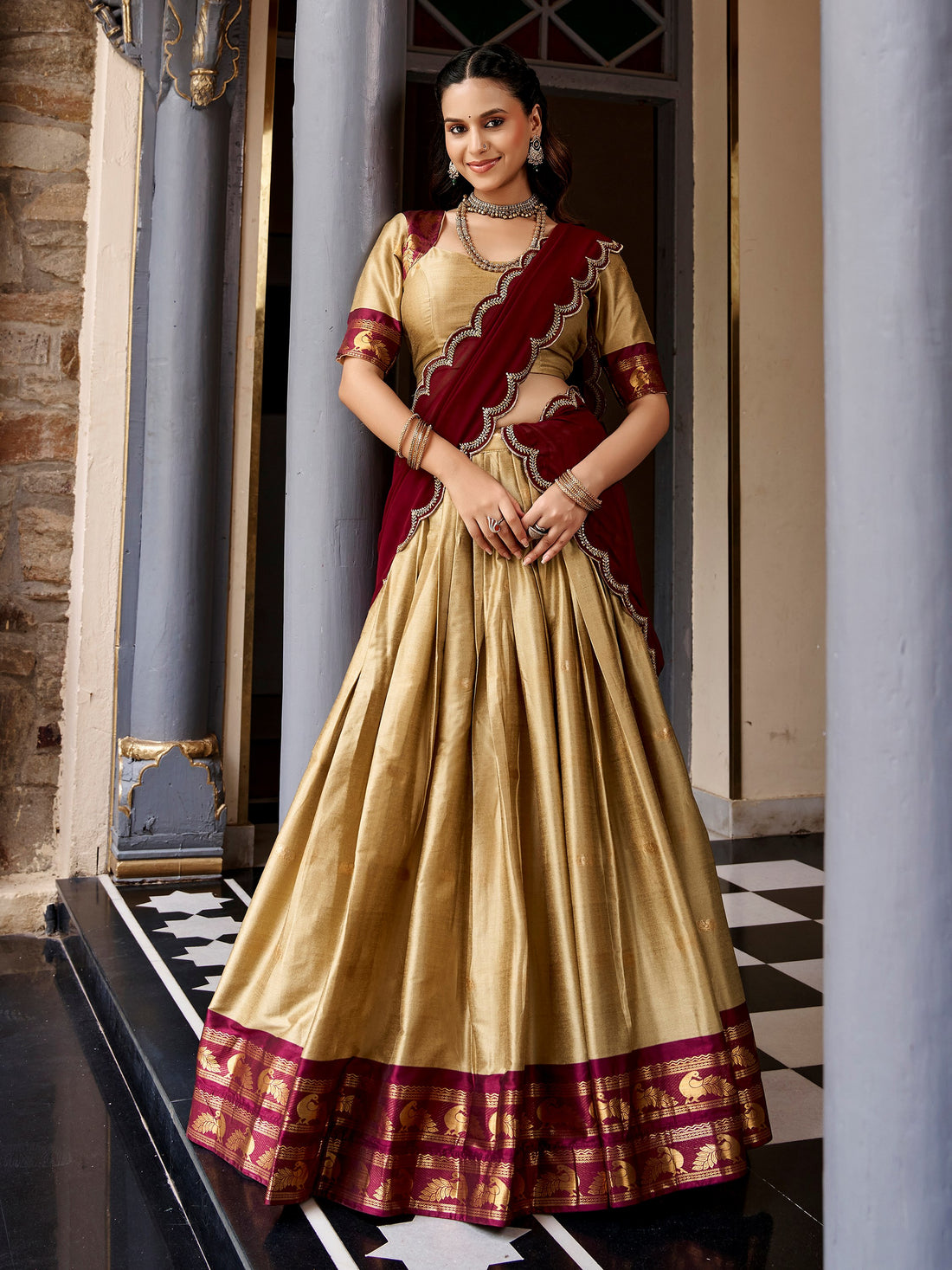 Dazzling Golden Zari Woven Silk Festival Wear Half Saree Lehenga Choli