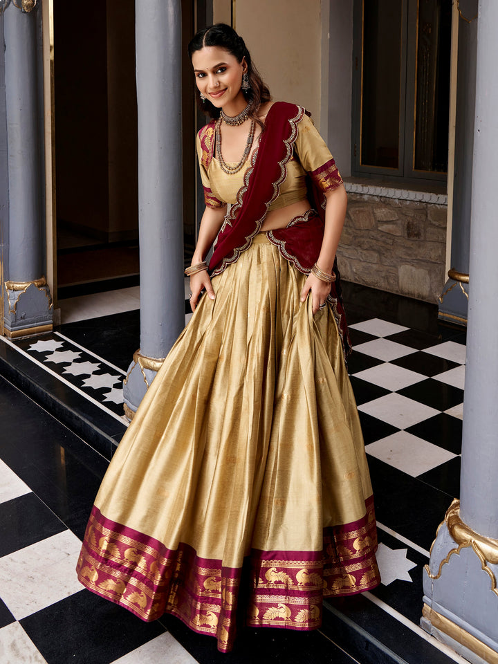 Dazzling Golden Zari Woven Silk Festival Wear Half Saree Lehenga Choli