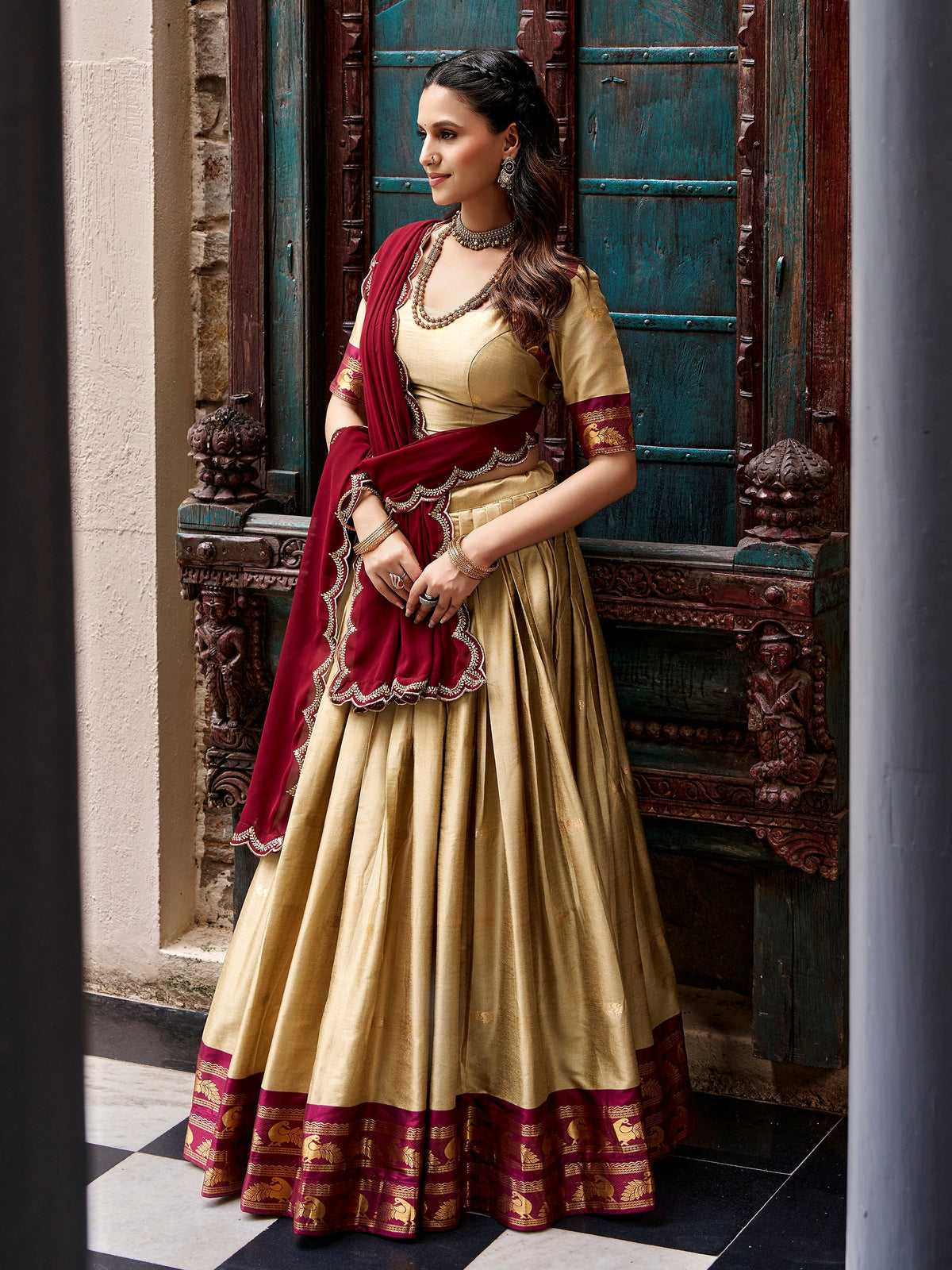 Dazzling Golden Zari Woven Silk Festival Wear Half Saree Lehenga Choli
