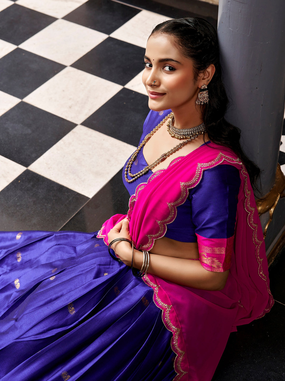 Fascinating Navy Blue Zari Woven Silk Festival Wear Half Saree Lehenga
