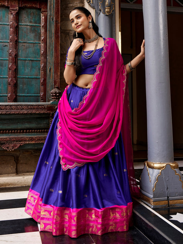 Fascinating Navy Blue Zari Woven Silk Festival Wear Half Saree Lehenga