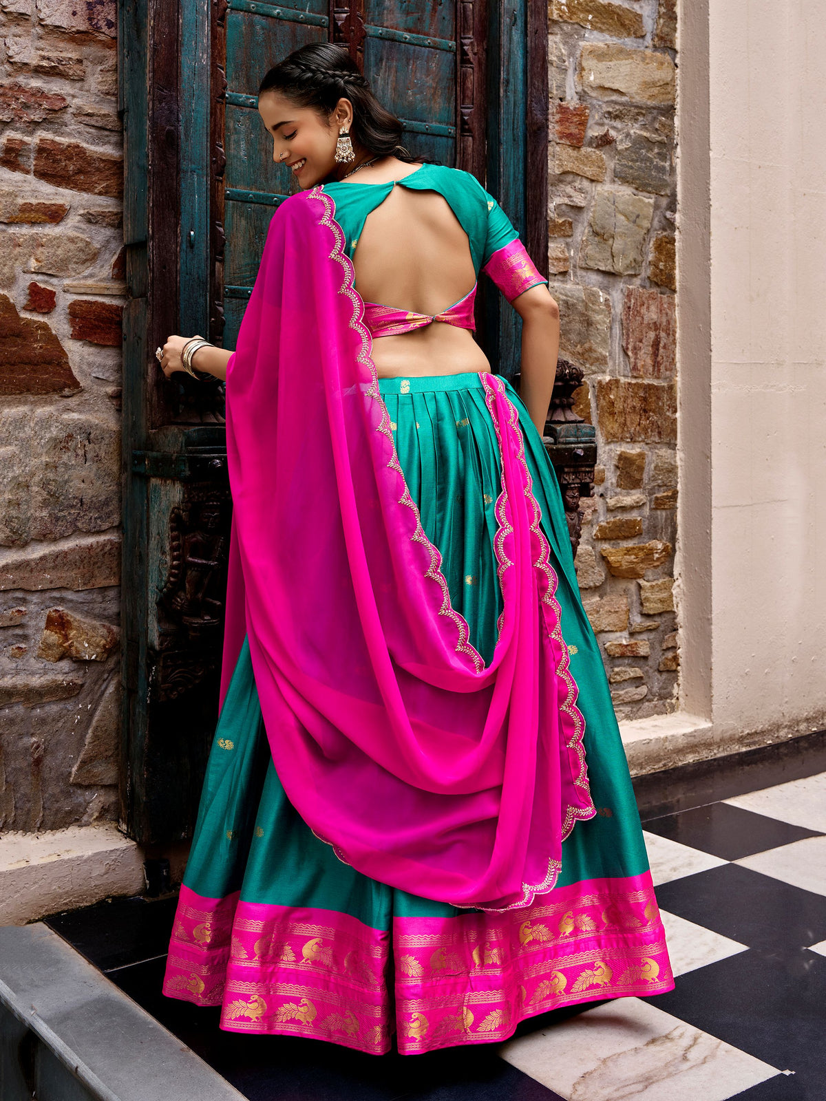 Lovely Teal Green Zari Weaving Silk Festival Wear Half Saree Lehenga