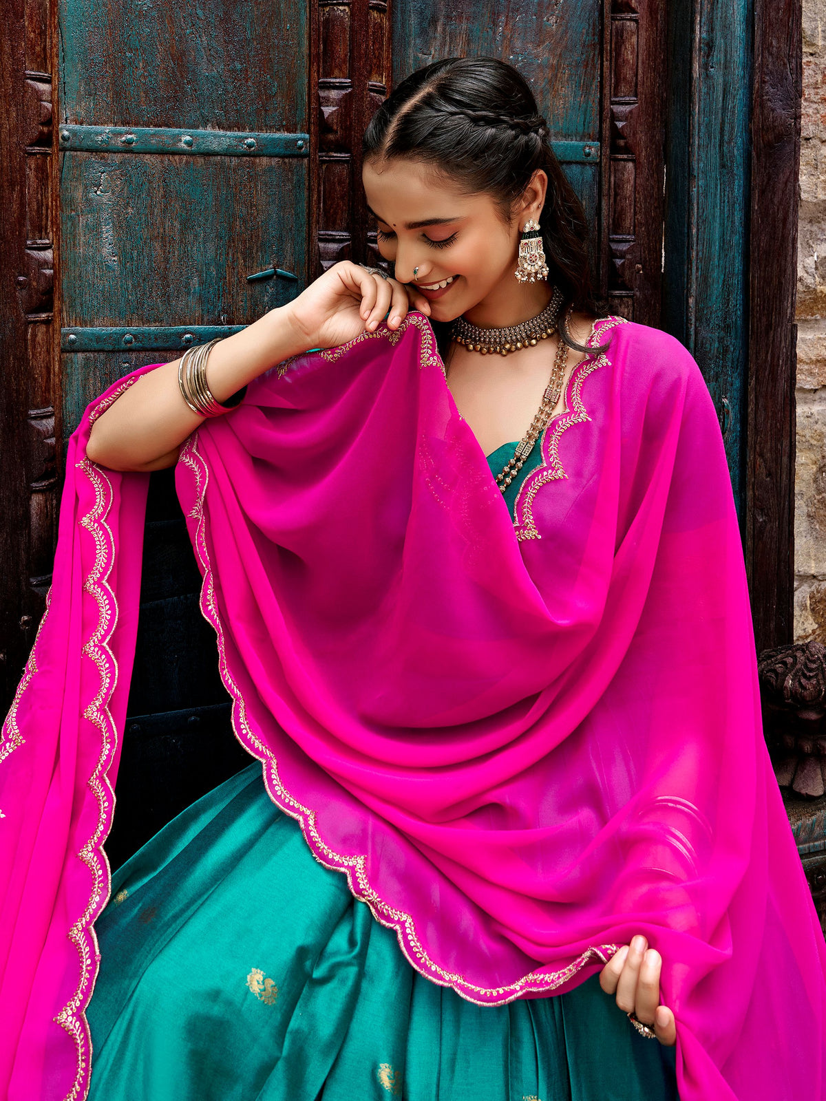 Lovely Teal Green Zari Weaving Silk Festival Wear Half Saree Lehenga