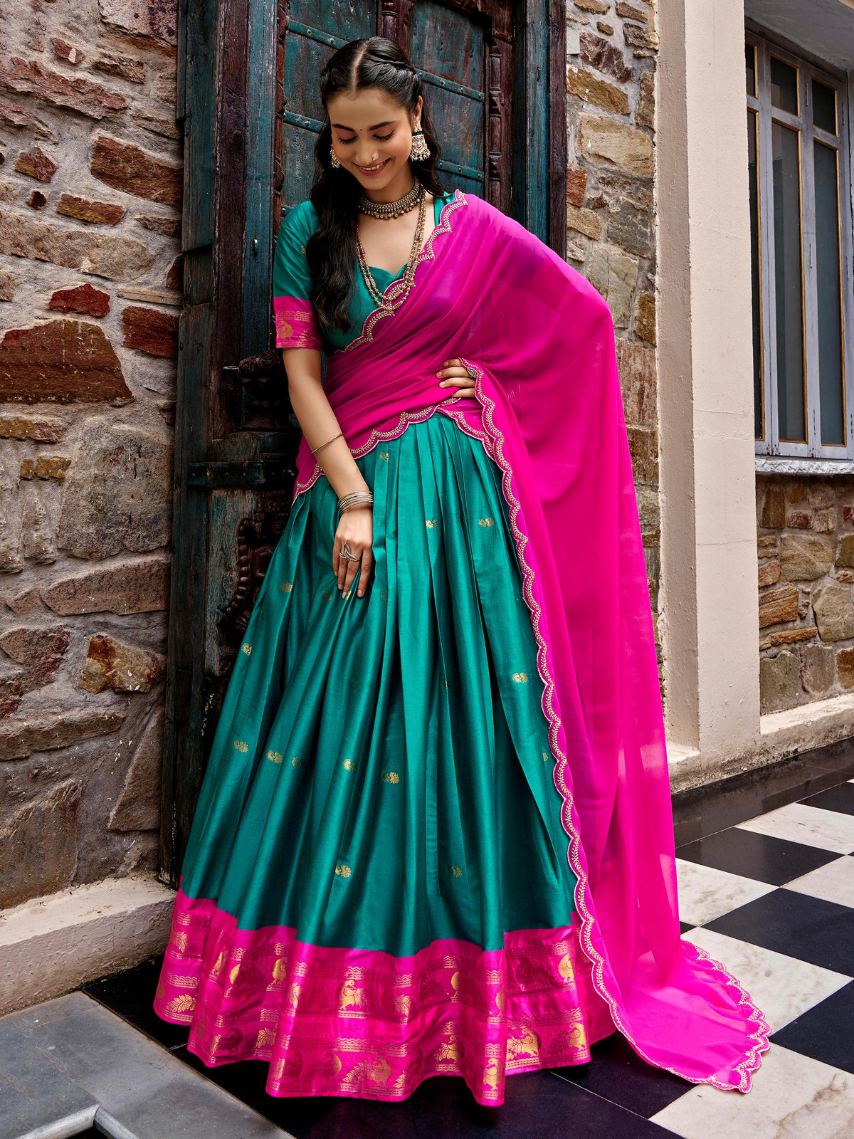 Lovely Teal Green Zari Weaving Silk Festival Wear Half Saree Lehenga