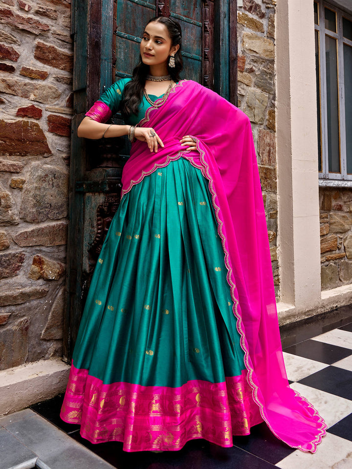 Lovely Teal Green Zari Weaving Silk Festival Wear Half Saree Lehenga