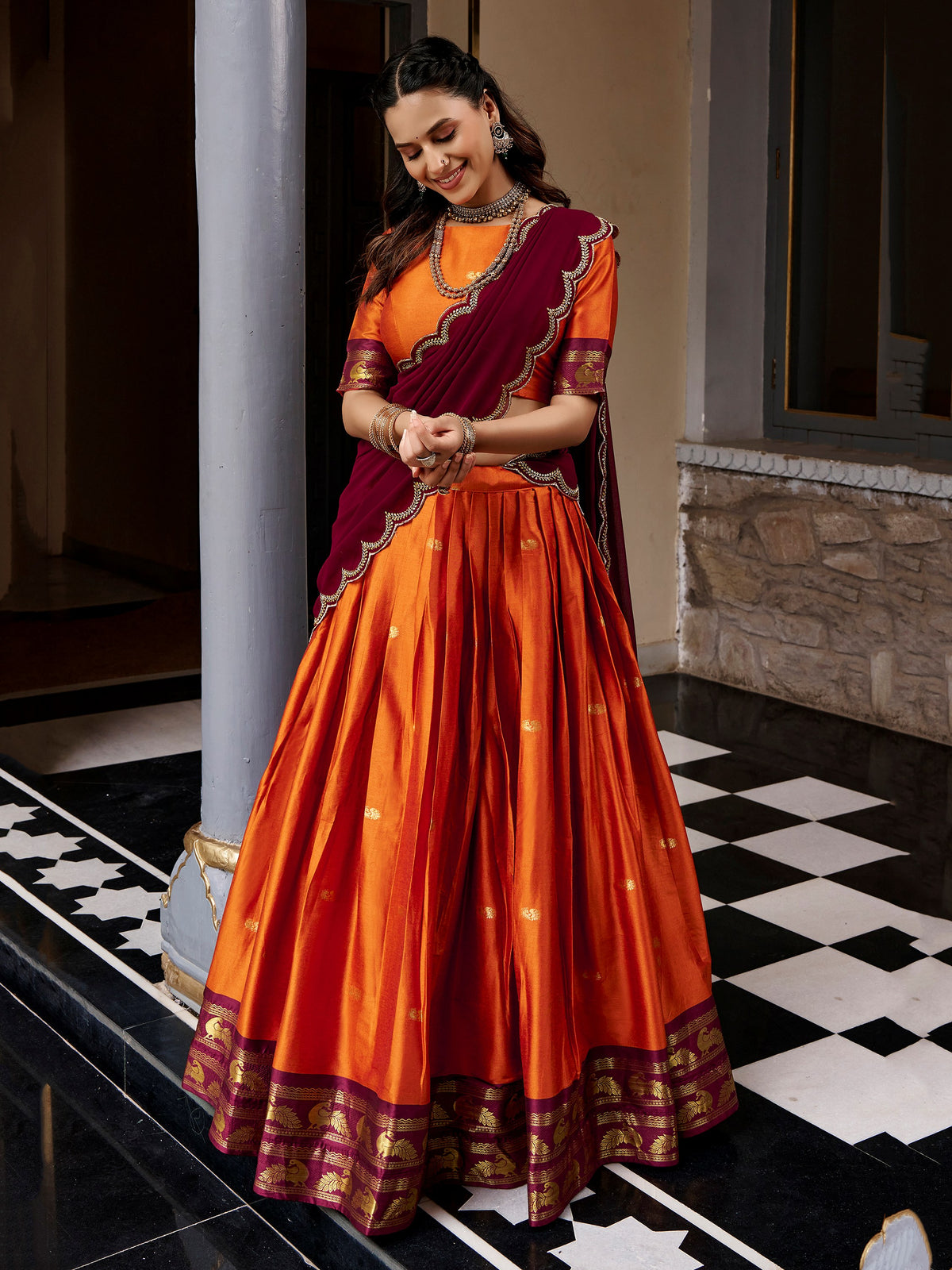 Grand Orange Zari Woven Silk Festival Wear Half Saree Lehenga