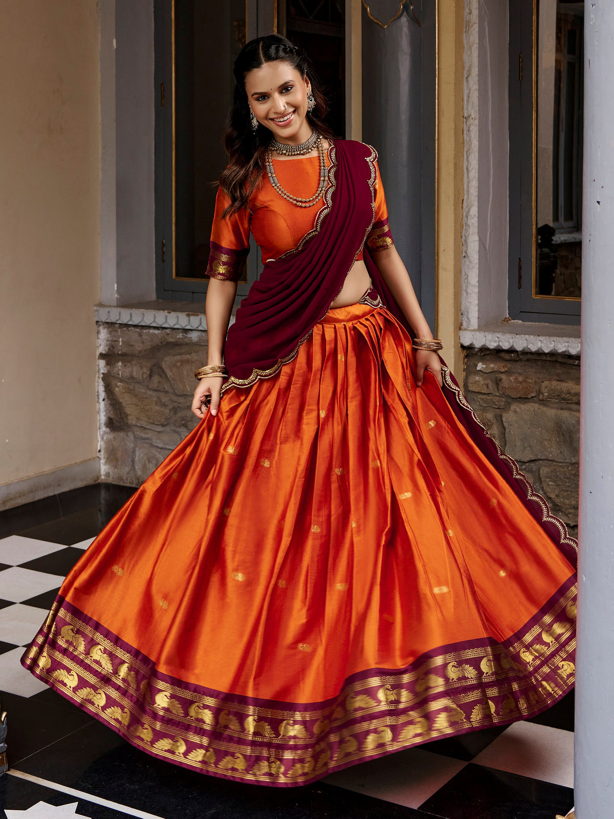 Grand Orange Zari Woven Silk Festival Wear Half Saree Lehenga