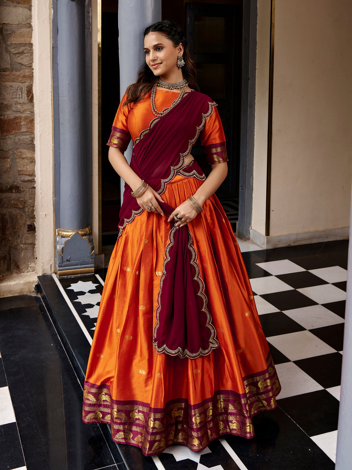 Grand Orange Zari Woven Silk Festival Wear Half Saree Lehenga