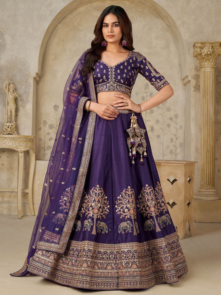 Beautiful Purple Zari Embroidery Silk Bridesmaid Lehenga Choli With Dupatta