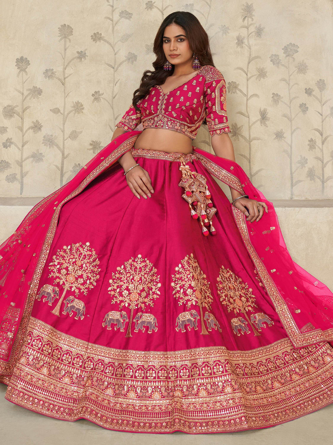 Attractive Rani Pink Thread Embroidery Silk Engagement Wear Lehenga Choli