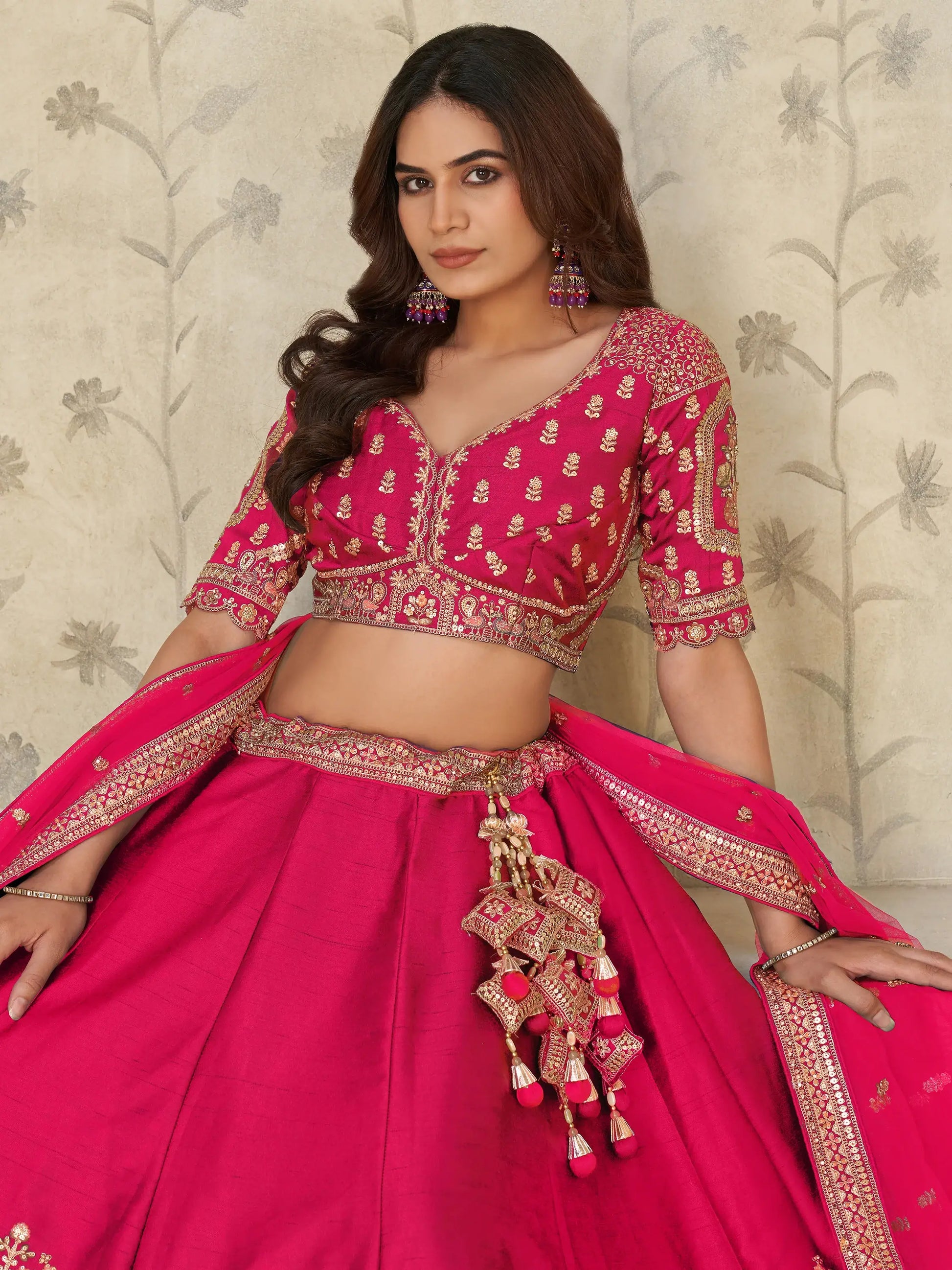 Attractive Rani Pink Thread Embroidery Silk Engagement Wear Lehenga Choli