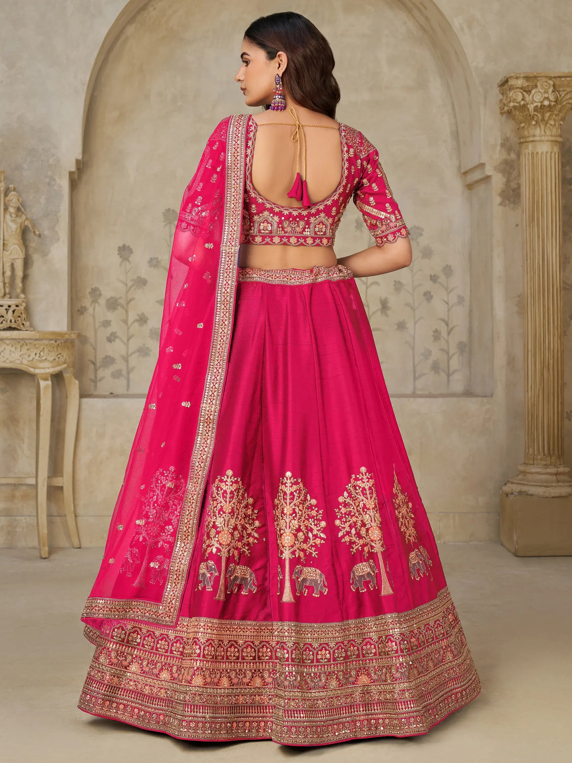Attractive Rani Pink Thread Embroidery Silk Engagement Wear Lehenga Choli