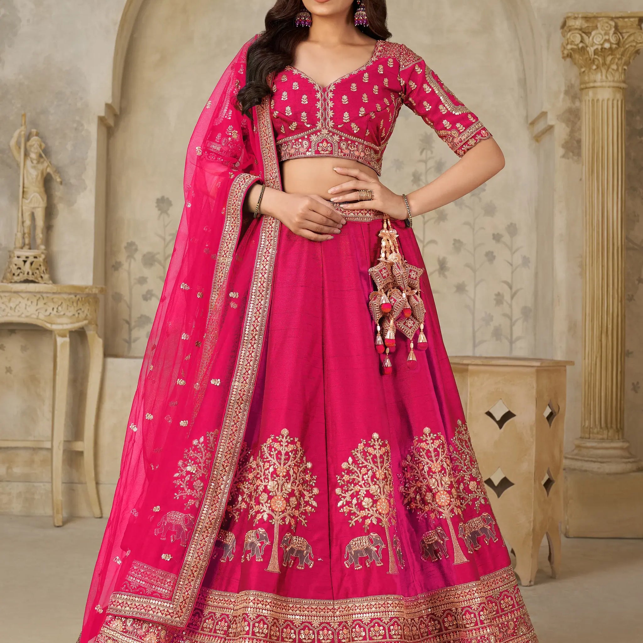 Attractive Rani Pink Thread Embroidery Silk Engagement Wear Lehenga Choli