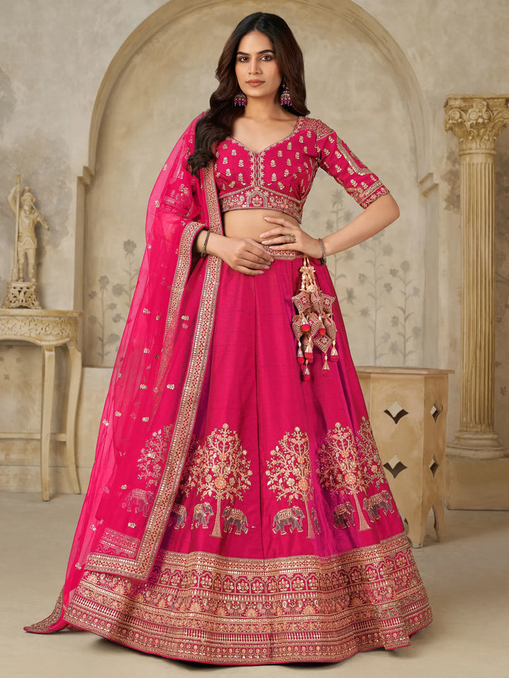Attractive Rani Pink Thread Embroidery Silk Engagement Wear Lehenga Choli