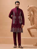 Royal Maroon Thread Work Viscose Silk Groom Wear Men Kurta Set With Jacket