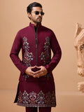 Royal Maroon Thread Work Viscose Silk Groom Wear Men Kurta Set With Jacket