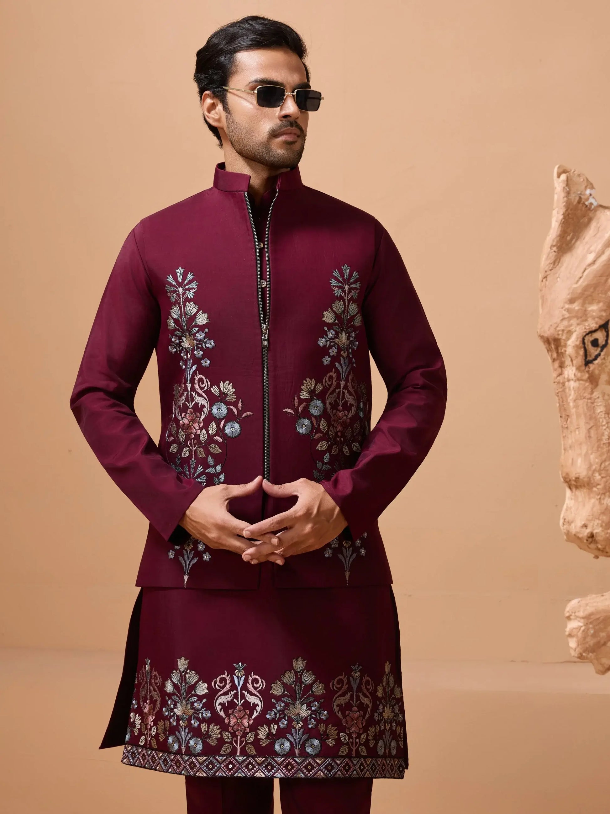Royal Maroon Thread Work Viscose Silk Groom Wear Men Kurta Set With Jacket
