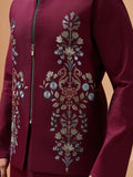 Royal Maroon Thread Work Viscose Silk Groom Wear Men Kurta Set With Jacket