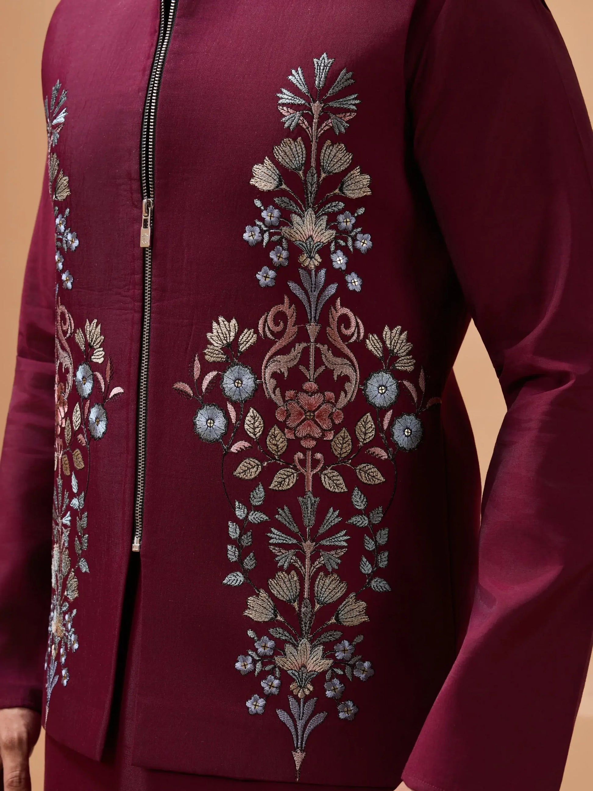 Royal Maroon Thread Work Viscose Silk Groom Wear Men Kurta Set With Jacket