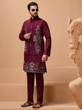 Royal Maroon Thread Work Viscose Silk Groom Wear Men Kurta Set With Jacket