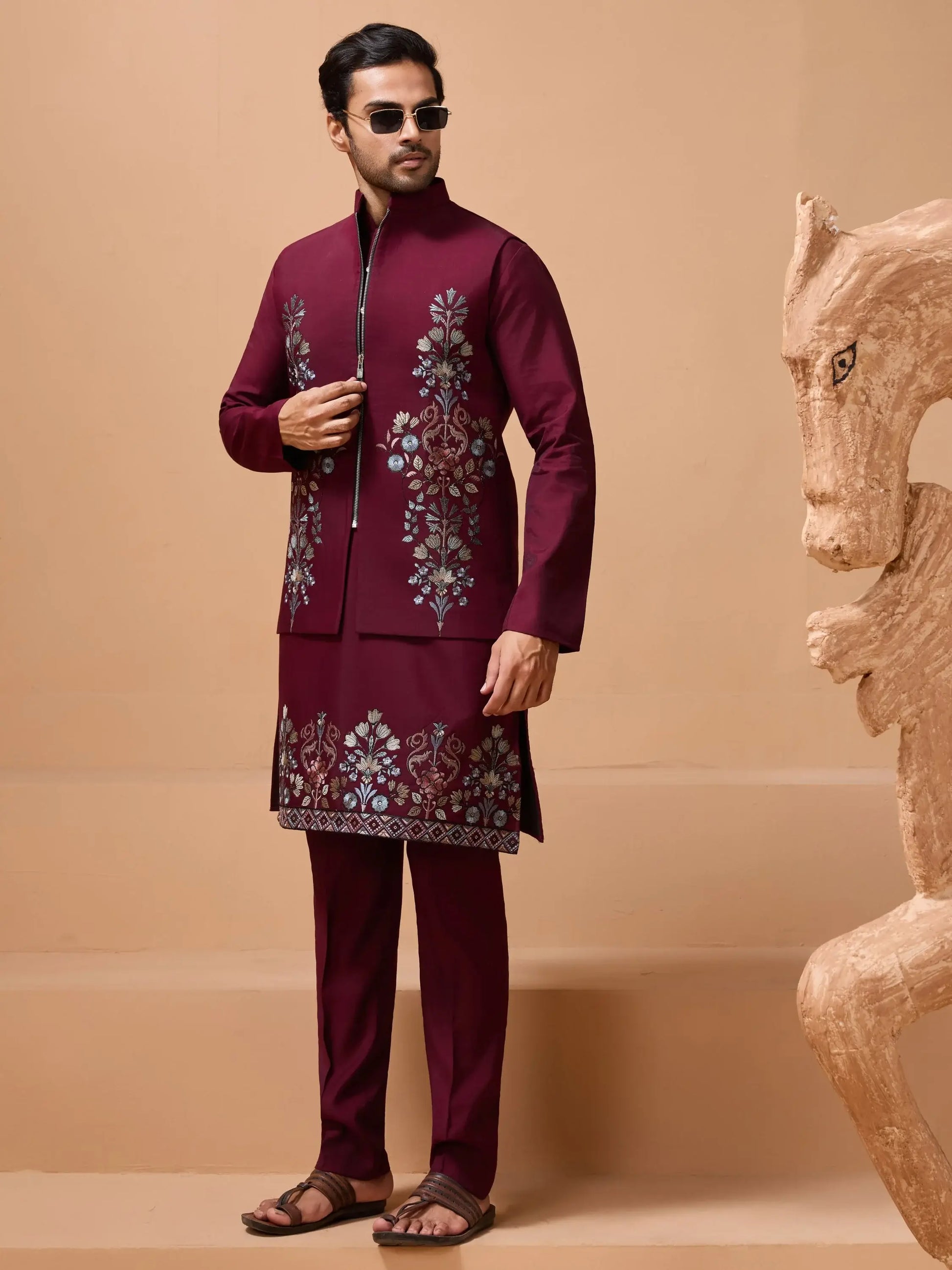 Royal Maroon Thread Work Viscose Silk Groom Wear Men Kurta Set With Jacket