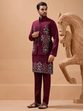 Royal Maroon Thread Work Viscose Silk Groom Wear Men Kurta Set With Jacket