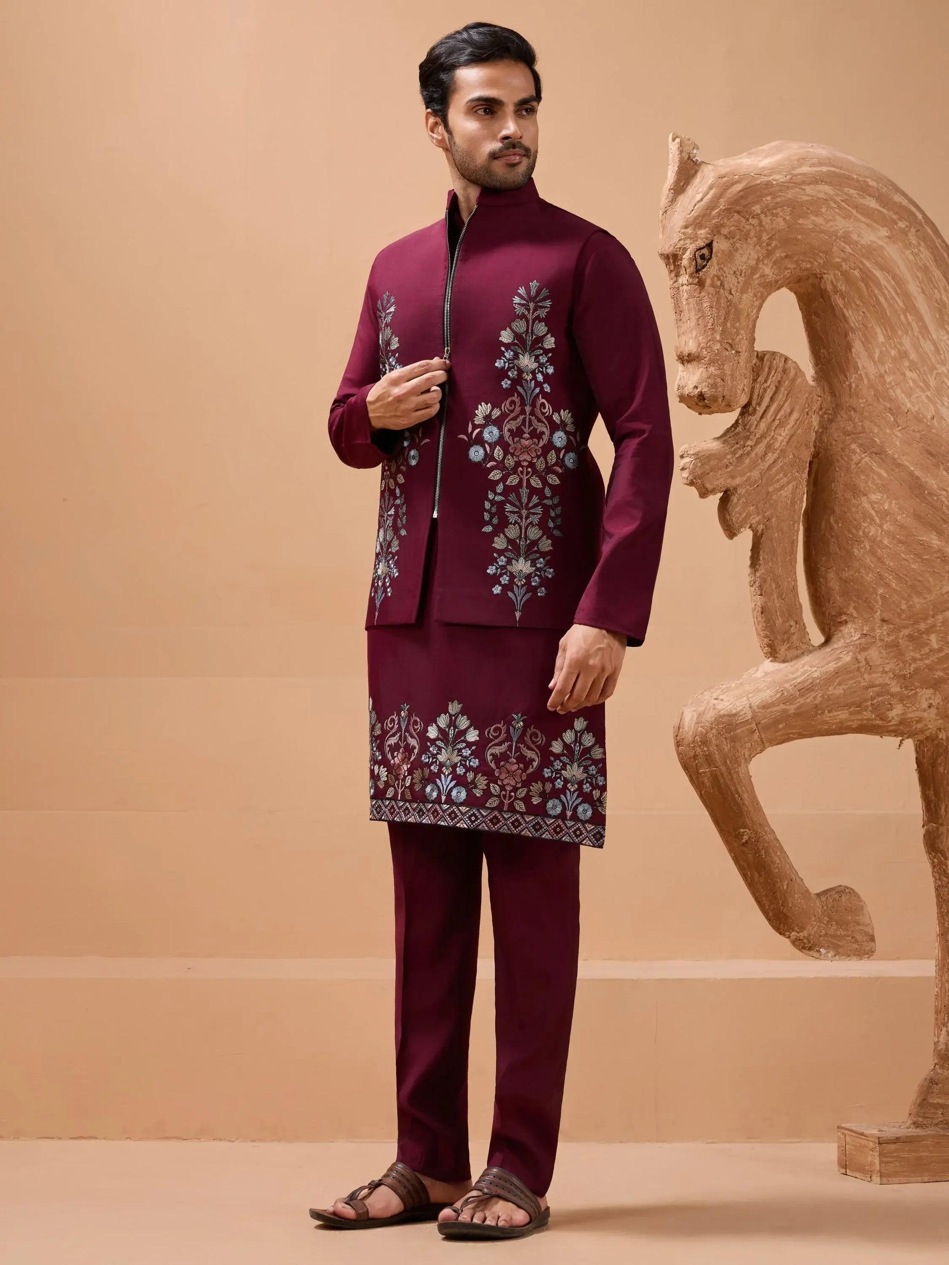 Royal Maroon Thread Work Viscose Silk Groom Wear Men Kurta Set With Jacket