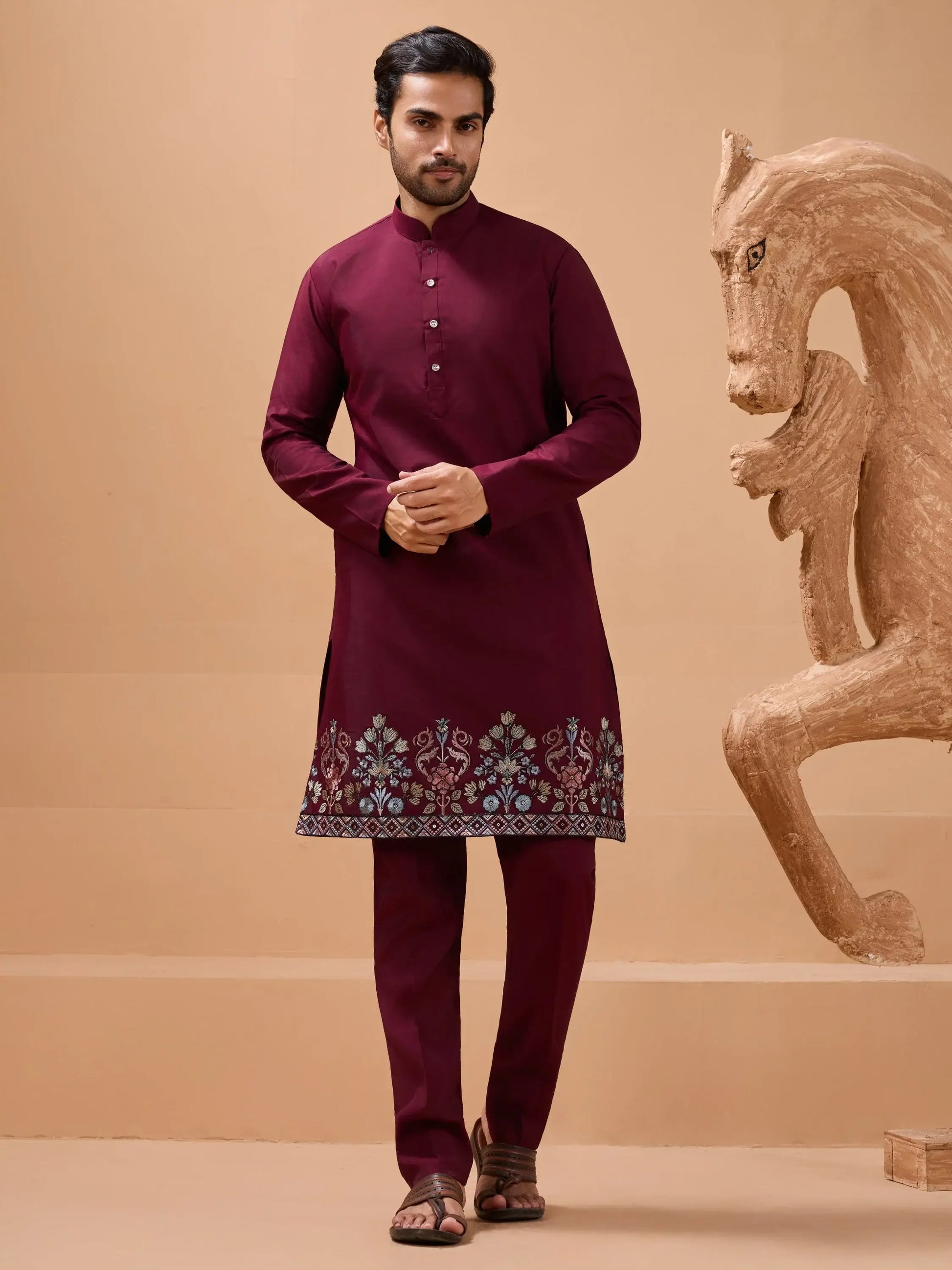 Royal Maroon Thread Work Viscose Silk Groom Wear Men Kurta Set With Jacket
