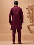 Royal Maroon Thread Work Viscose Silk Groom Wear Men Kurta Set With Jacket