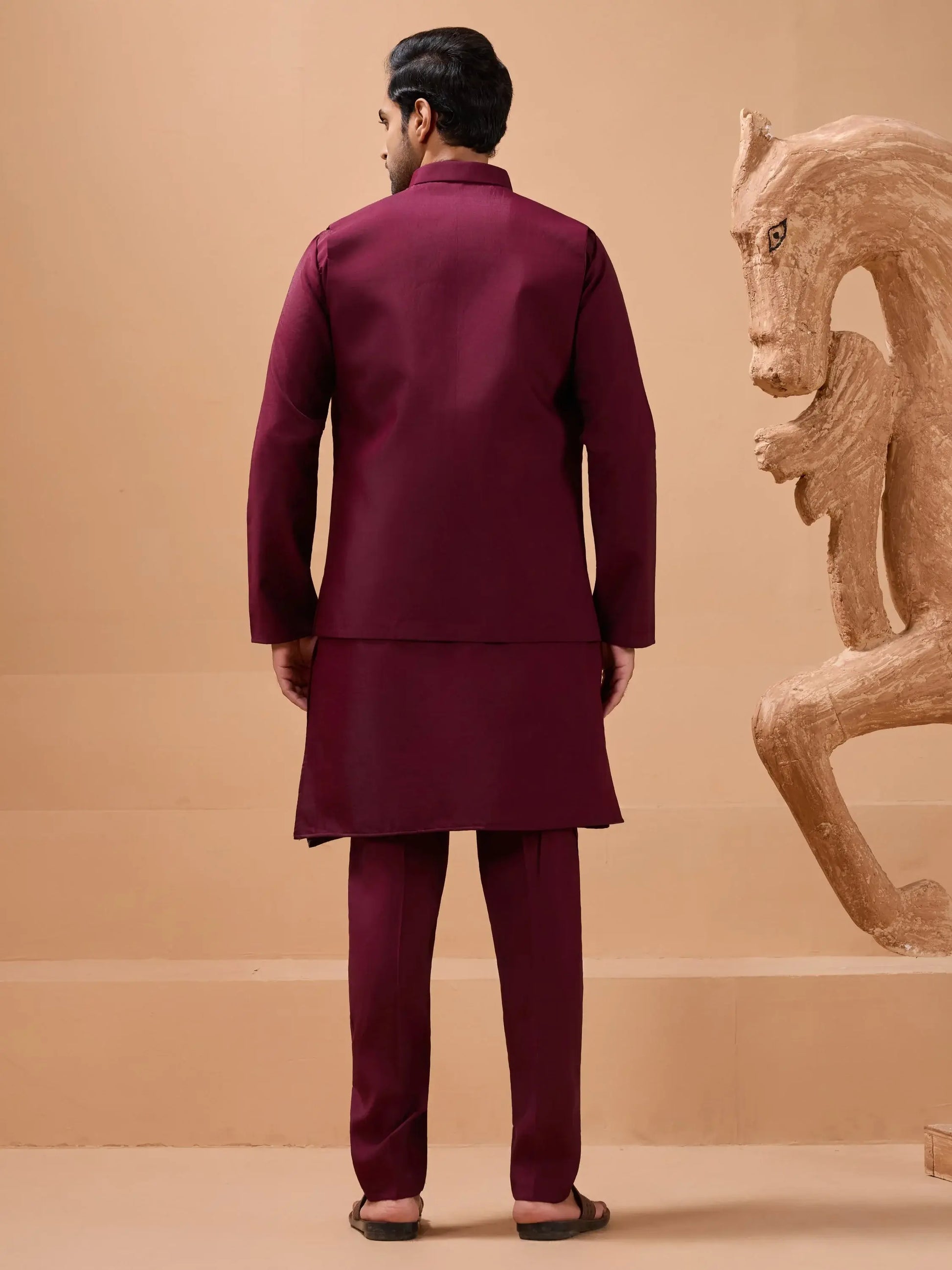 Royal Maroon Thread Work Viscose Silk Groom Wear Men Kurta Set With Jacket