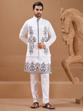 Striking White Embroidered Viscose Silk Wedding Wear Men Kurta Pant With Jacket