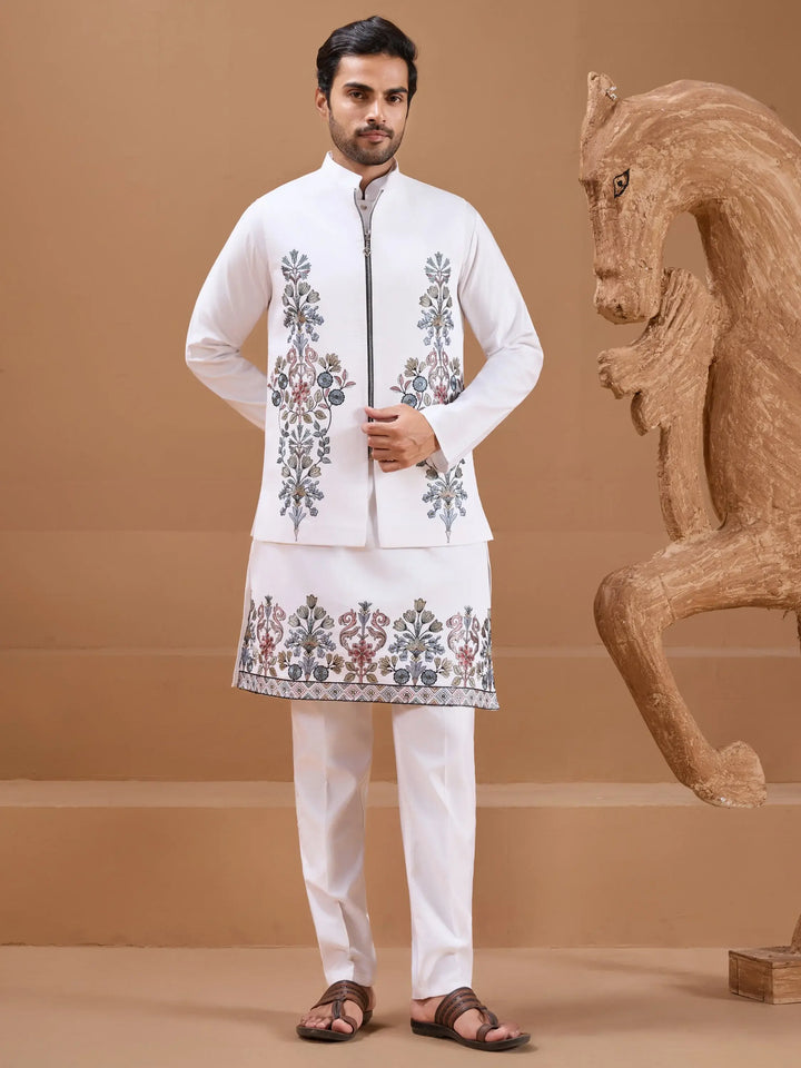 Striking White Embroidered Viscose Silk Wedding Wear Men Kurta Pant With Jacket