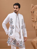 Striking White Embroidered Viscose Silk Wedding Wear Men Kurta Pant With Jacket