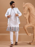 Striking White Embroidered Viscose Silk Wedding Wear Men Kurta Pant With Jacket