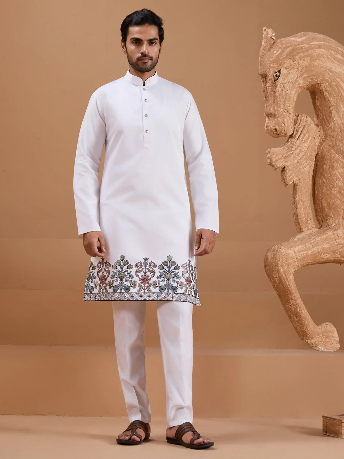 Striking White Embroidered Viscose Silk Wedding Wear Men Kurta Pant With Jacket